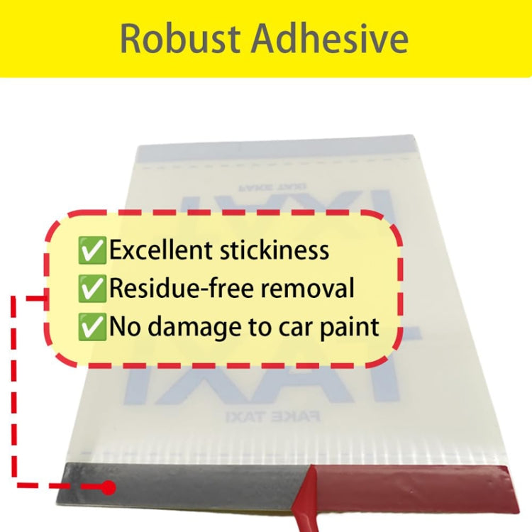 Transparent car decal sheet showing 'FAKE TAXI' label sticker and adhesive info