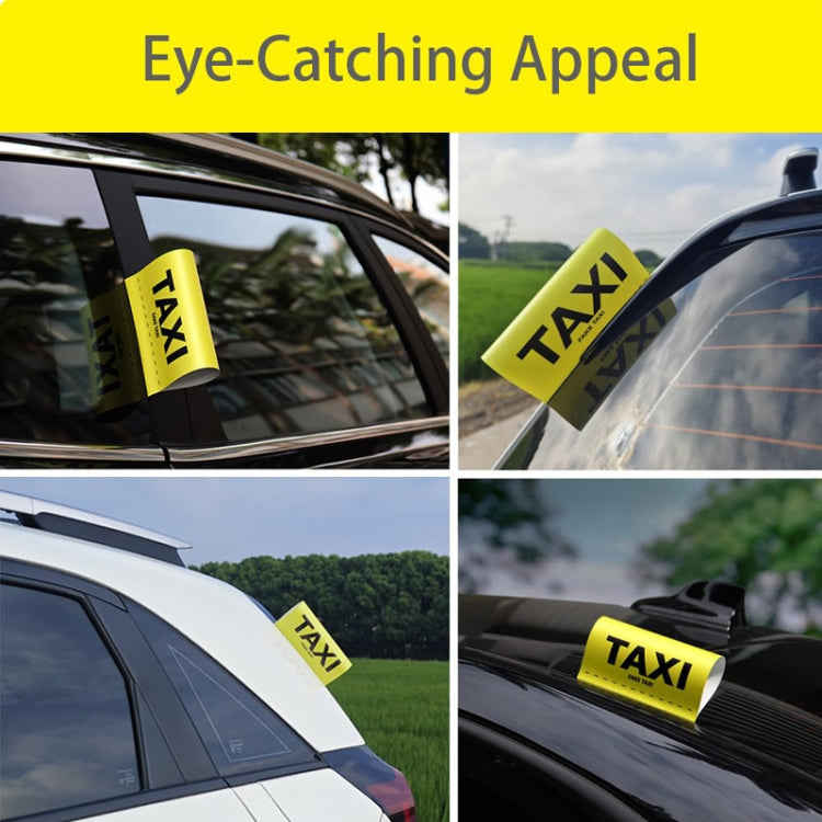Multiple yellow TAXI car decal stickers with 'FAKE TAXI' text on windows