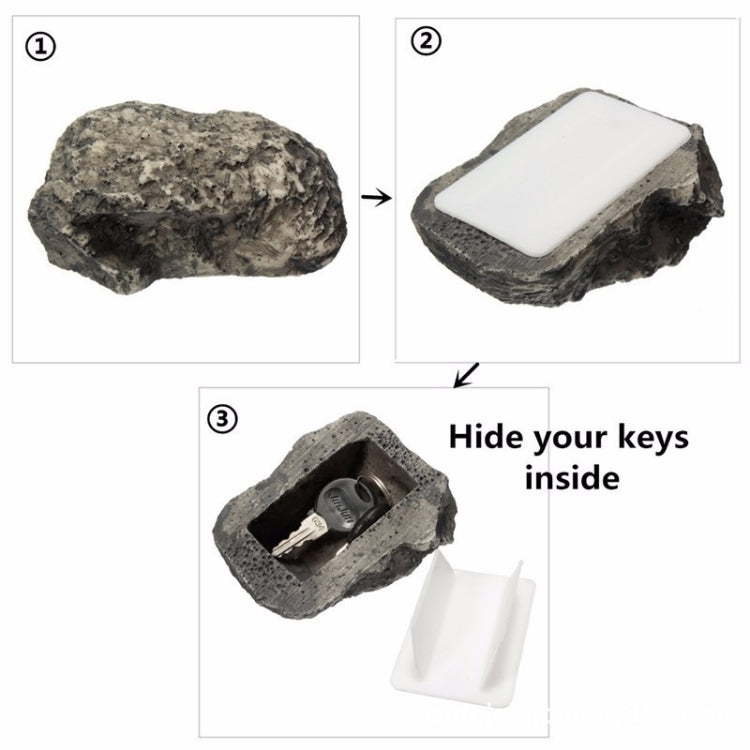 Step-style view of gray stone pine nut key box opening to reveal inner key slot