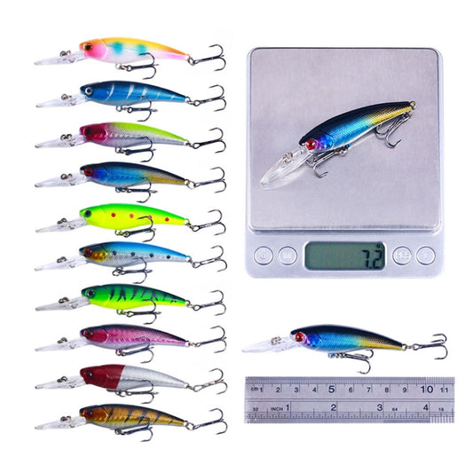 10-piece diving minnow hard lure set with one lure on digital scale