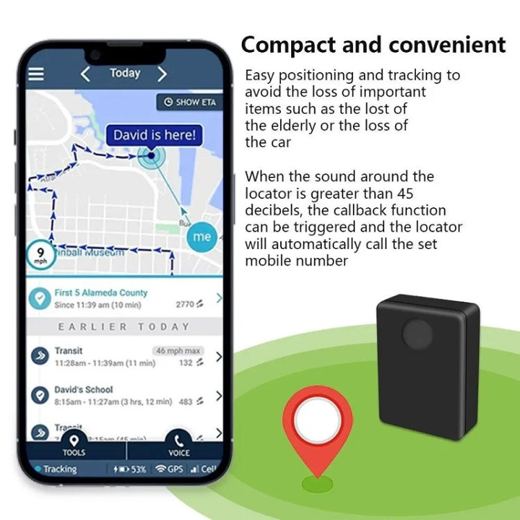Black locator sensor shown with smartphone tracking app and location pin graphic