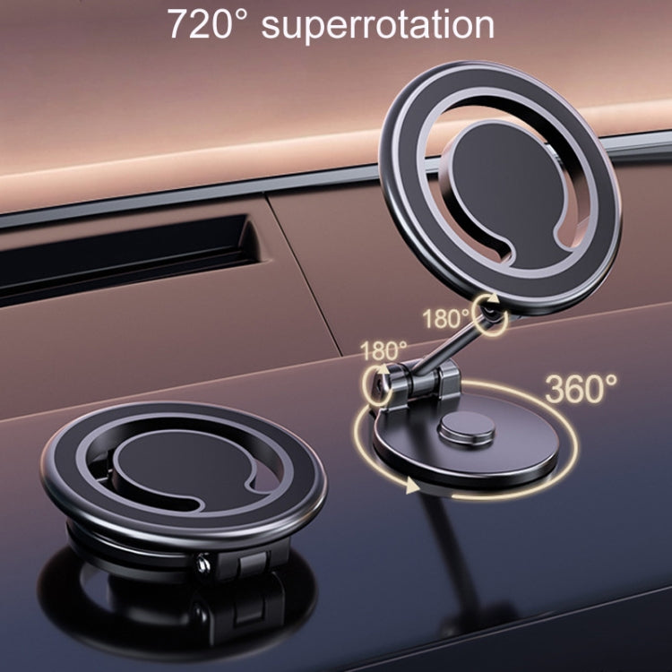 Black magnetic car phone holder showing 720-degree rotation disc and arm