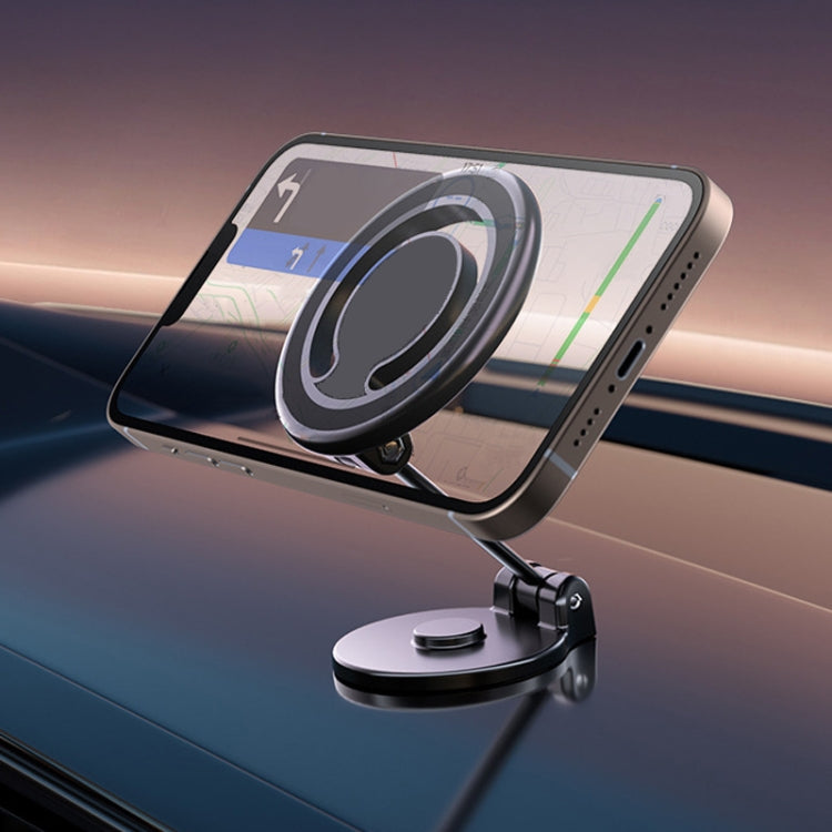 Black magnetic car phone holder with adjustable arm holding a phone in view