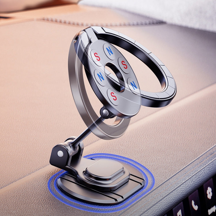 Magnetic phone holder with rotatable ring mount attached to car dashboard
