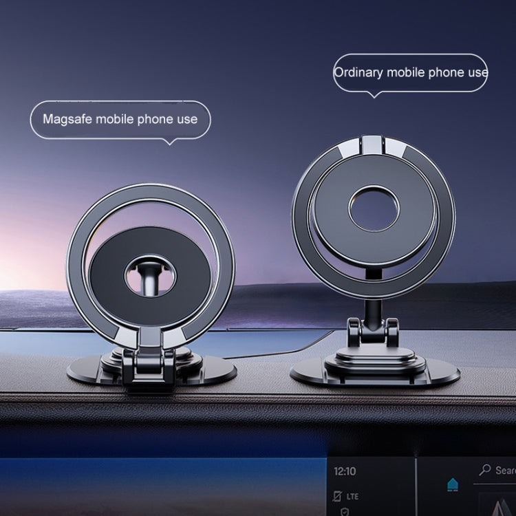 Magnetic car phone holder with circular base and foldable stand for dashboard use