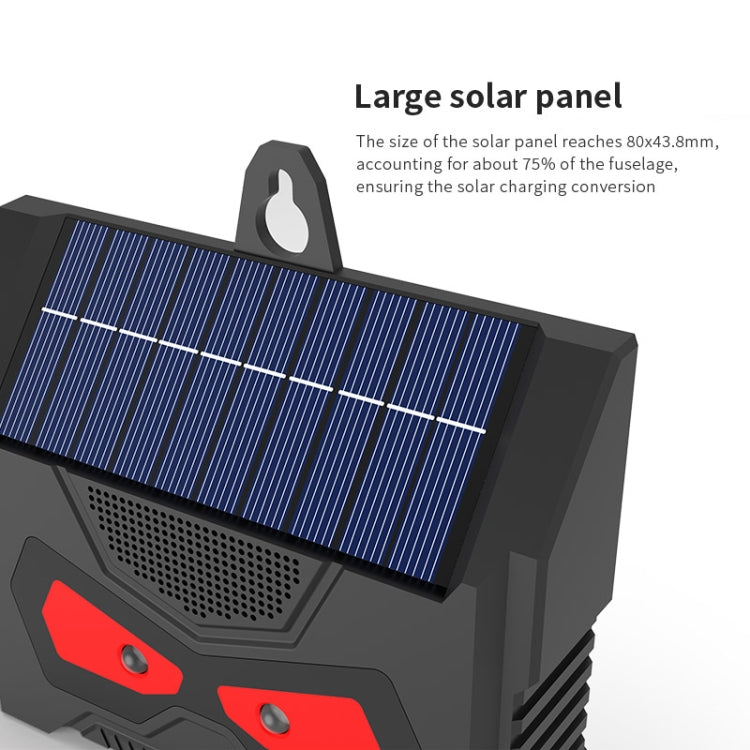 Solar ultrasonic repeller front with large blue solar panel and red LED speaker lights