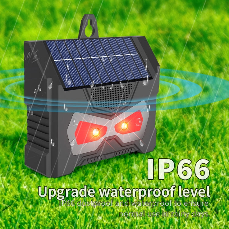 Solar ultrasonic repeller with red LED flashes and water-resistant body