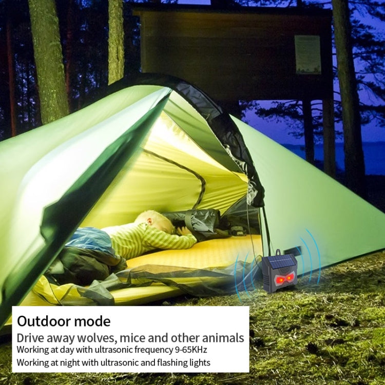 Solar ultrasonic repeller beside tent wall with red LED flash light
