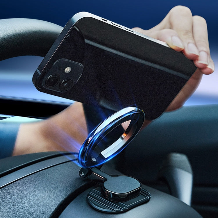 Black magnetic phone holder with U-shaped clamp and circular base