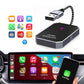 Car wireless adapter box showing app compatibility icons and CarPlay display