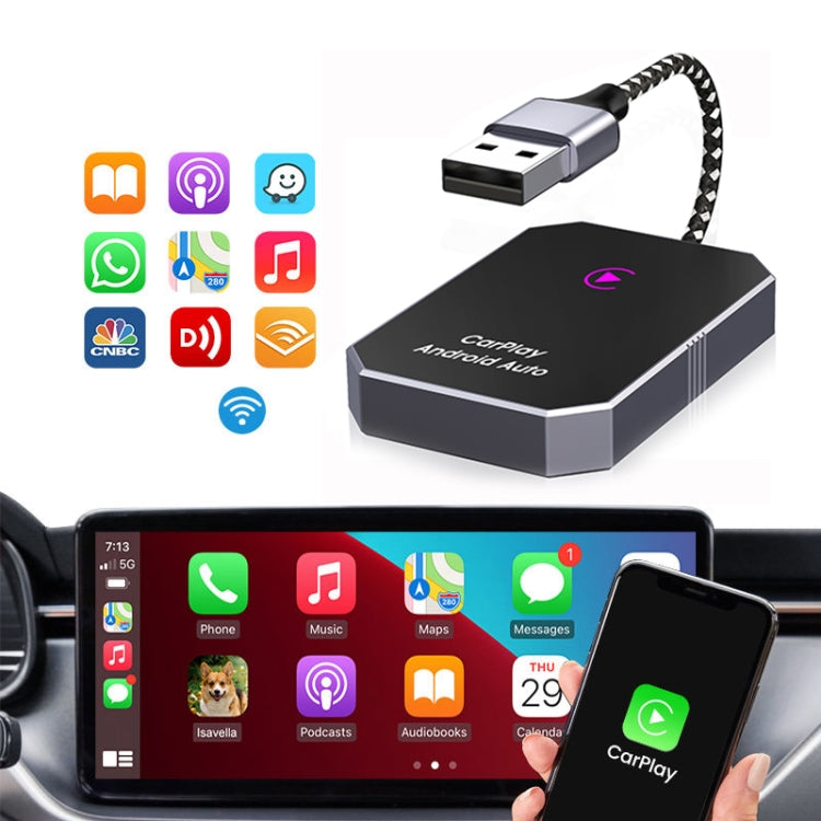 Car wireless adapter box showing app compatibility icons and CarPlay display
