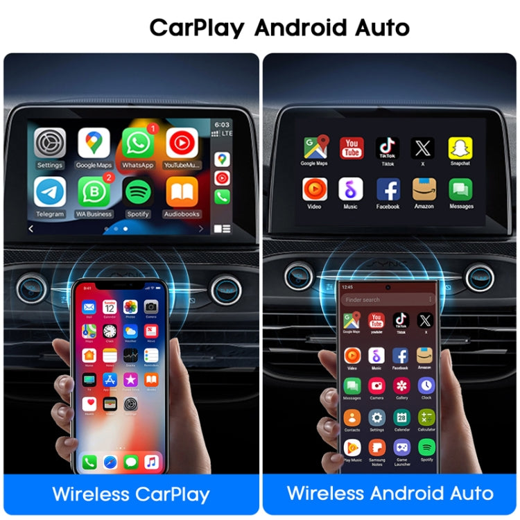 Car wireless adapter showing phone apps on dashboard screens for Android