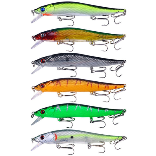 6-piece minnow fishing lure set with glossy finishes, multiple colors and treble hooks