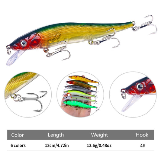 Yellow-green minnow fishing lure with treble hooks; round detail views and size table