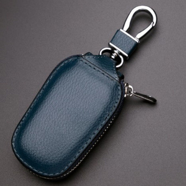 Blue leather key storage pouch with metal key ring and side key clip