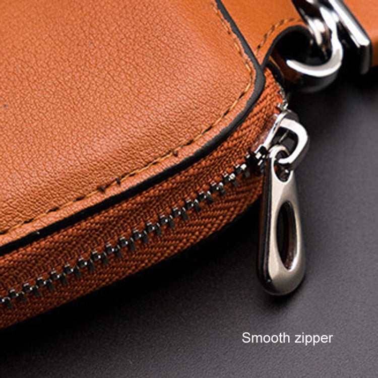 Close-up of orange leather key pouch zipper and metal key ring hardware