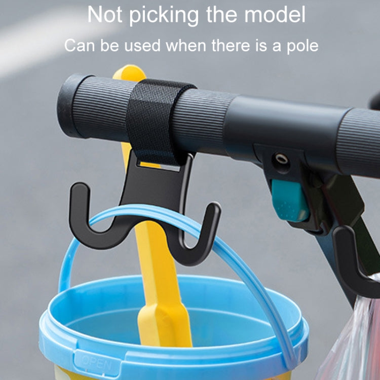 Black double-hook hanger clipped to a bike pole over a container with strap
