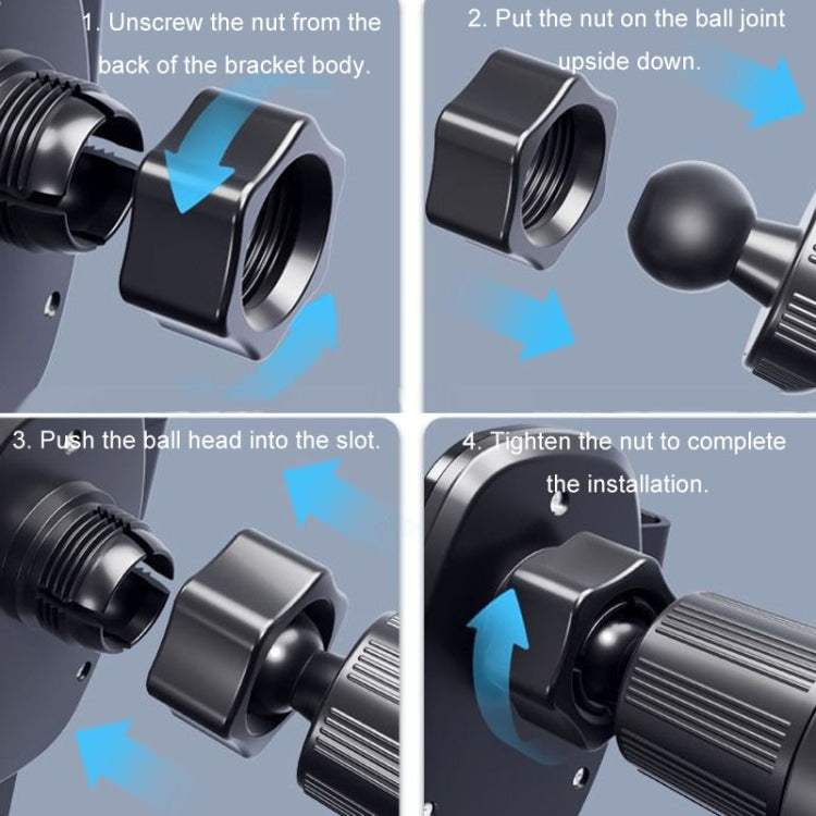 Car phone bracket installation shown with ball joint and rotating nut pieces