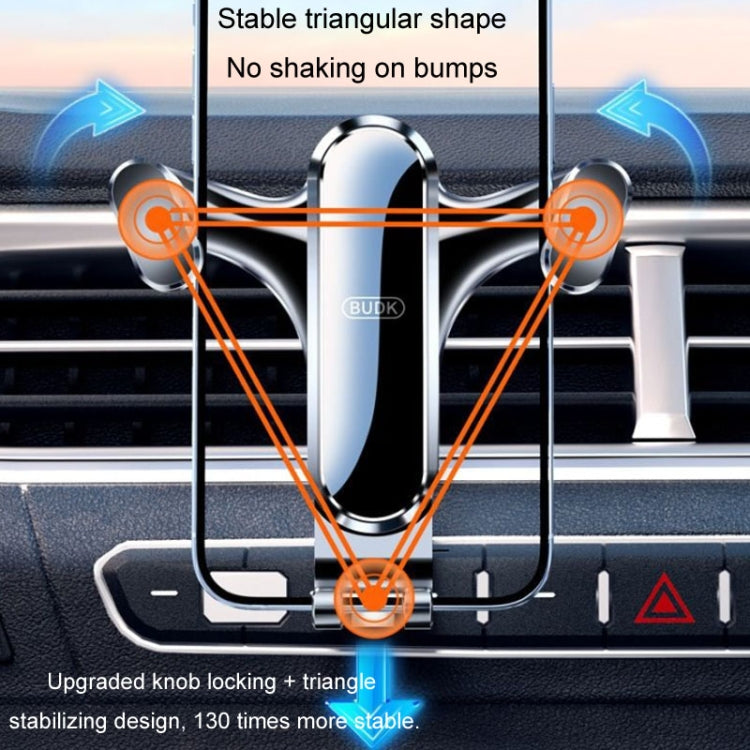 Triangular stabilizing car phone holder for air vents with secure vent clamps