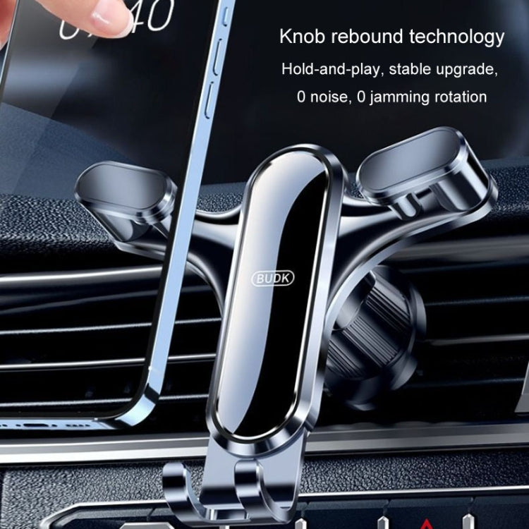Car air vent phone holder with adjustable gravity-style mount, silver-gray
