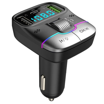 Black car Bluetooth MP3 player with LED display, USB ports, and metal card reader module