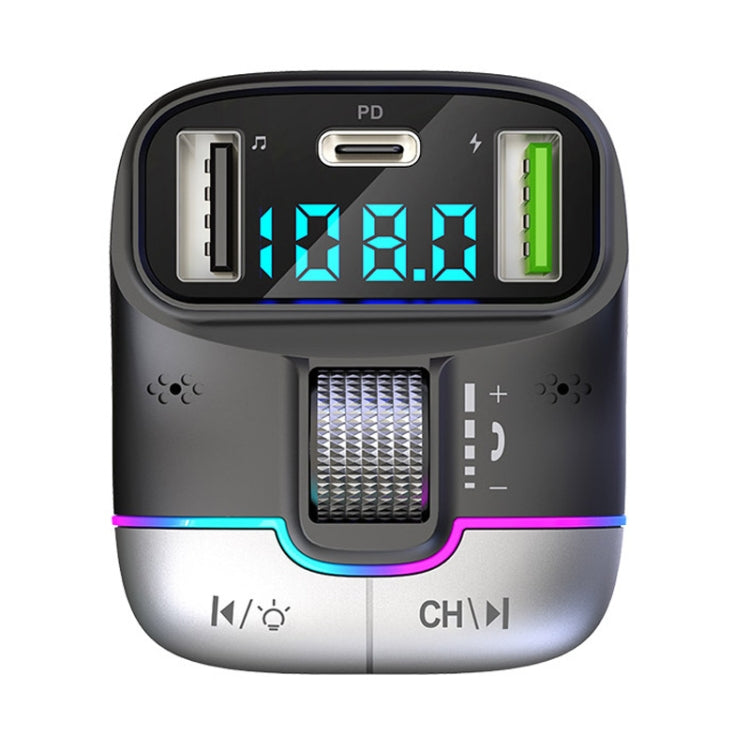Car audio receiver with LED screen, USB-C port, card slot, and tactile control buttons