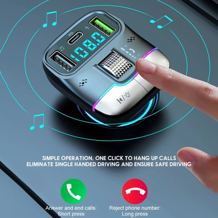 Bluetooth MP3 player car charger with top ports and illuminated display, finger tap