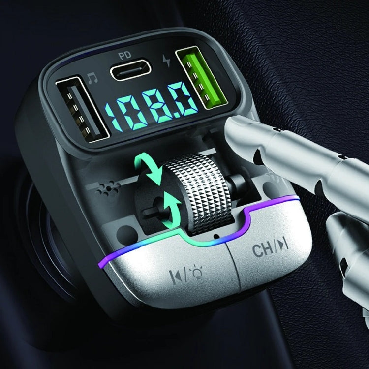 Car Bluetooth MP3 player charger with front display and connected USB cable