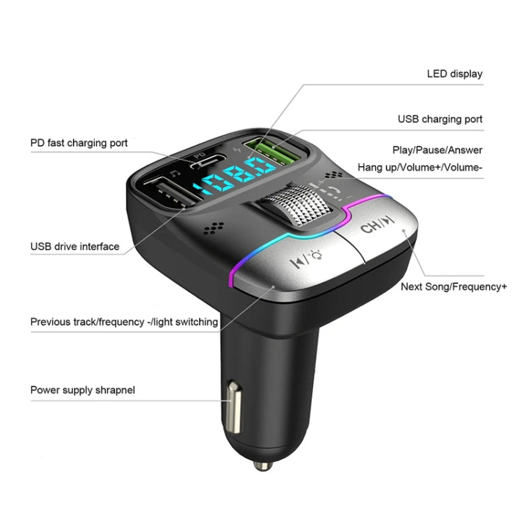 Car Bluetooth audio player with LED display, USB drive slot, and charging ports