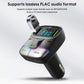 Black car audio player with LED display and metal speaker grille on compact body