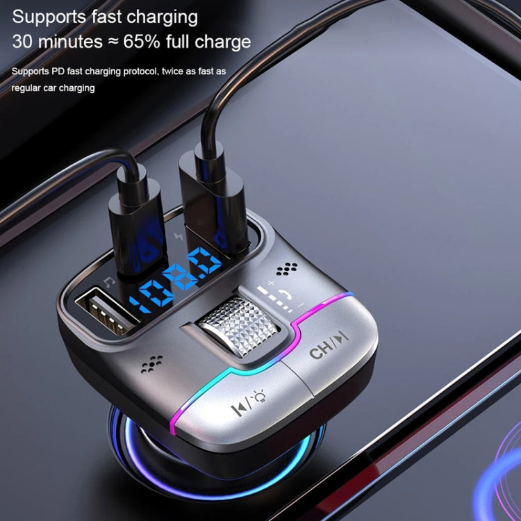 Car audio charger with LED display and dual fast-charging ports on in-car mount