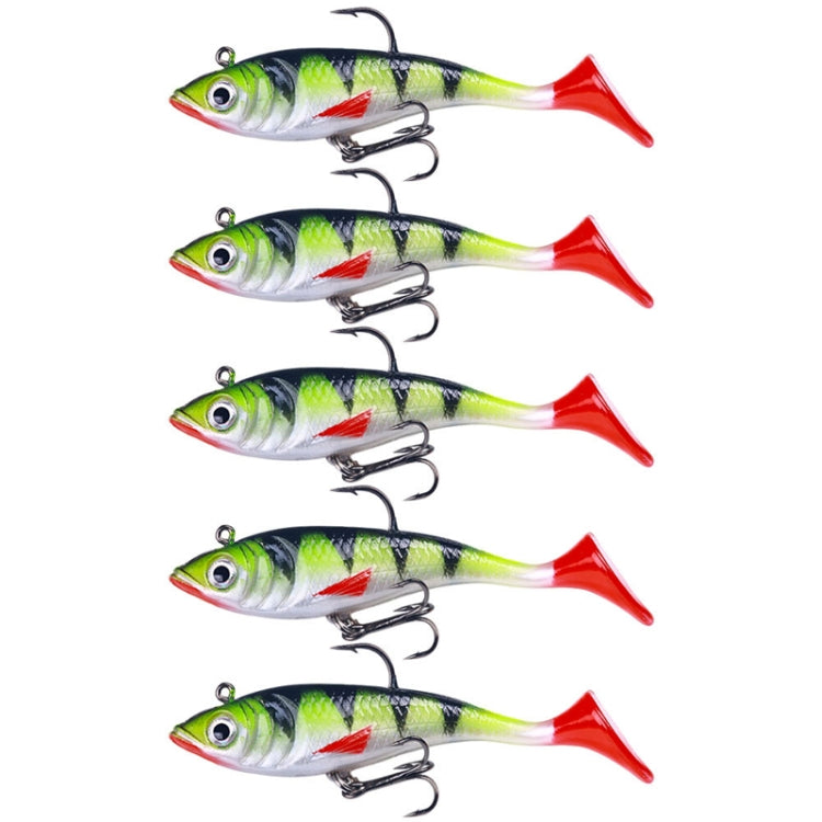 Set of 5 green-and-white swimbait lures with red tails and treble hooks