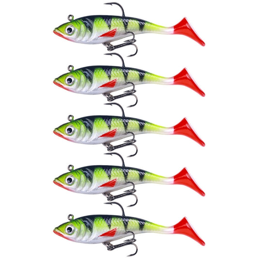 Set of 5 green-and-white swimbait lures with red tails and treble hooks