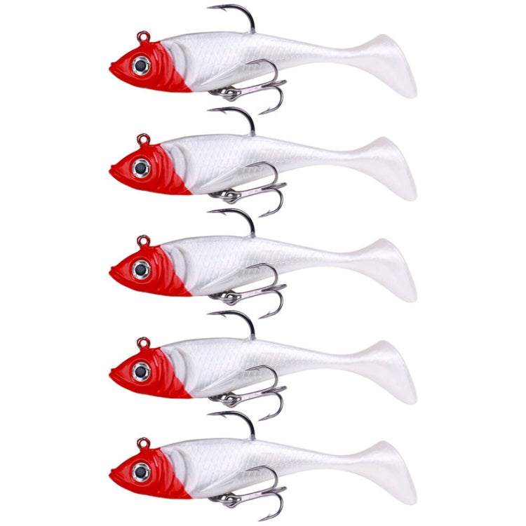 Set of 5 white swimbait lures with red heads and treble hooks