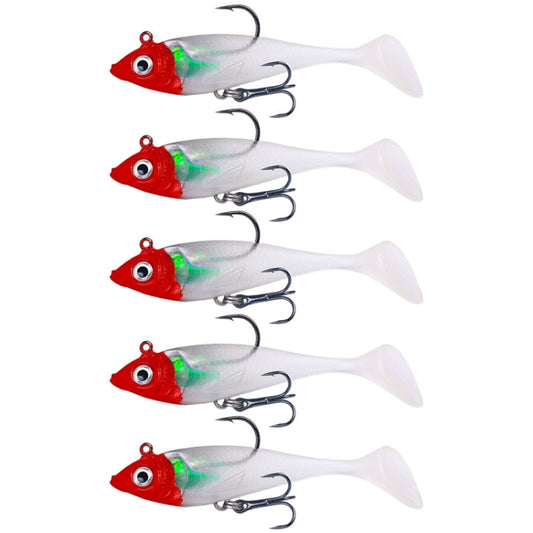 Set of 5 white swimbait lures with red heads and green-tinted details