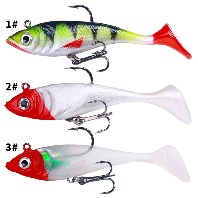 Assorted 3 swimbait lures: green, white, and red with red tails and treble hooks