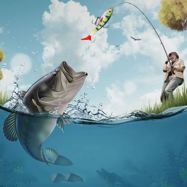Fishing lure with green-and-white body and red tail on a line