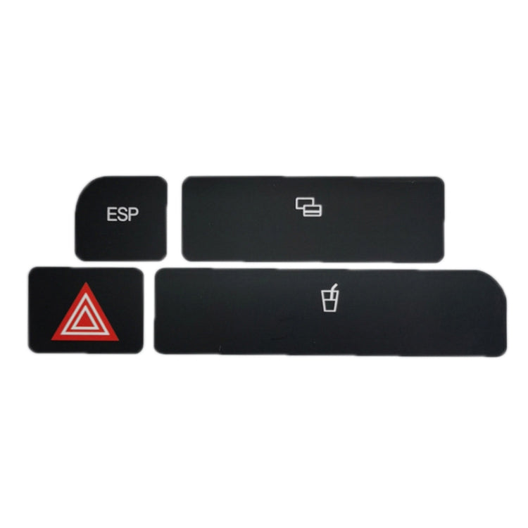 Black emergency button repair sticker set with ESP, hazard triangle, and icon labels