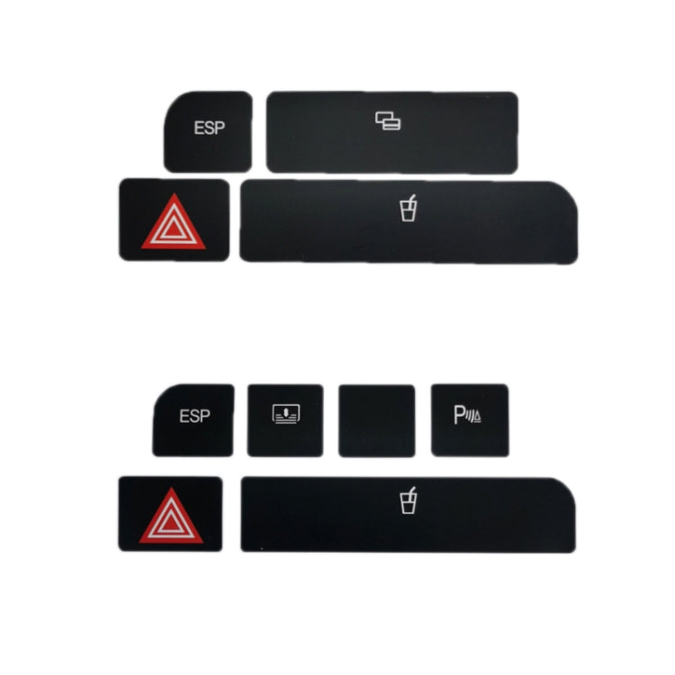 Black emergency button repair sticker set with ESP, hazard triangle, and two long button strips