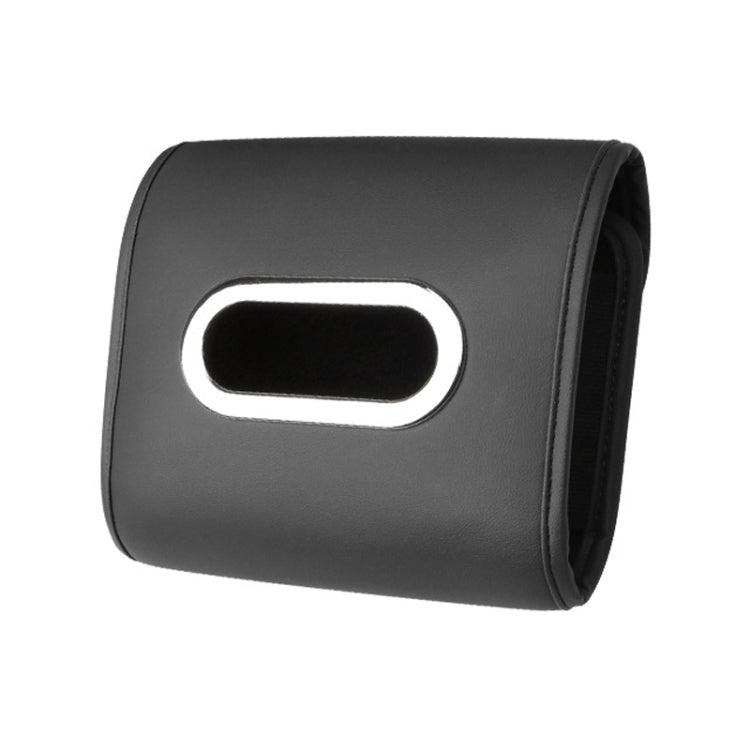 Car seat tissue box cover in black with oval opening and stitched edges