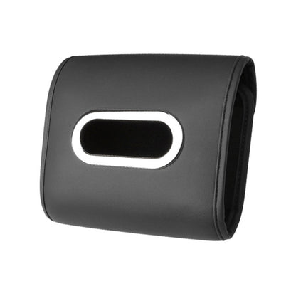 Car seat tissue box cover in black with oval opening and stitched edges