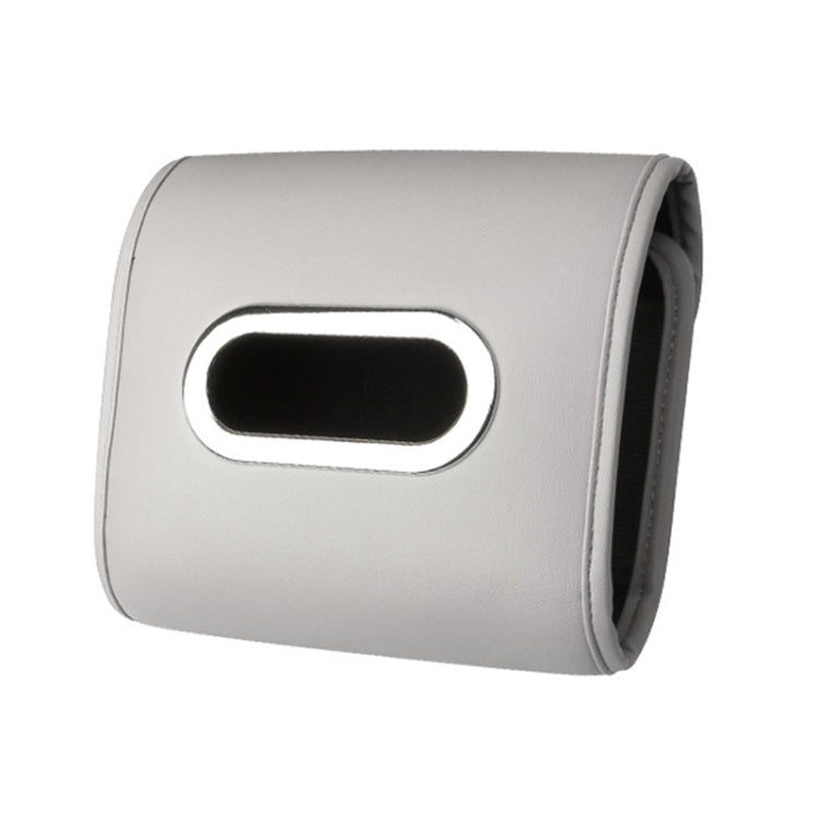 Car seat tissue box cover in light gray with oval opening and stitched edges