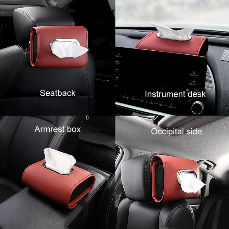 Wine red car seat tissue box cover with tissue inserted on the seat