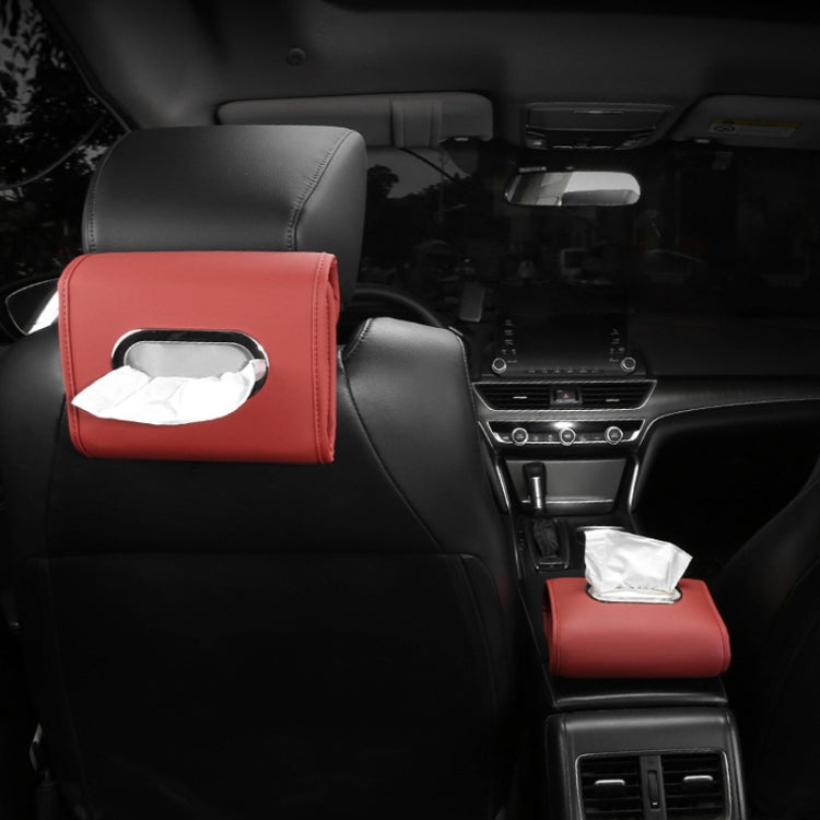 Wine red car seat tissue box cover with tissue inserted on the back seat