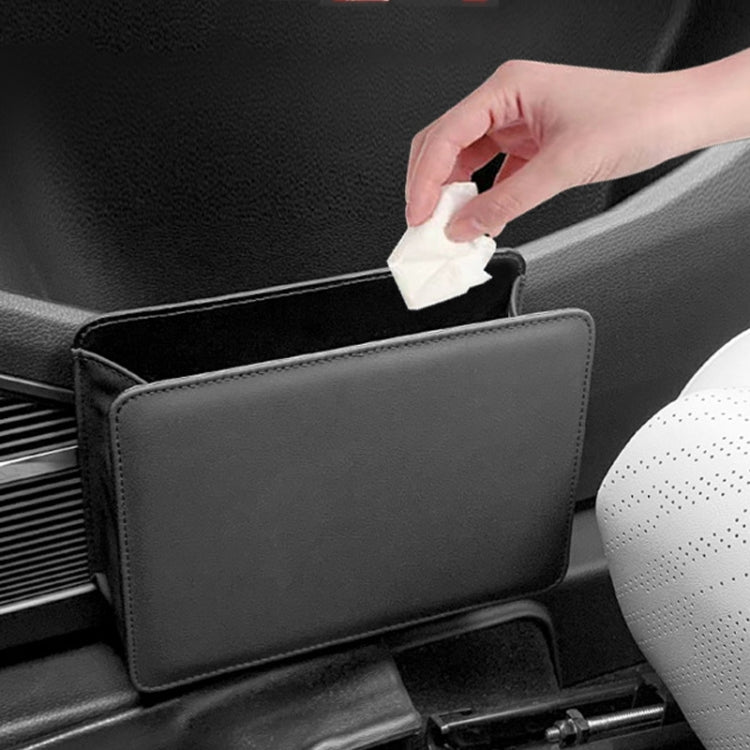 Black car seatback hanging storage bin with side pocket and magnetic-style closure