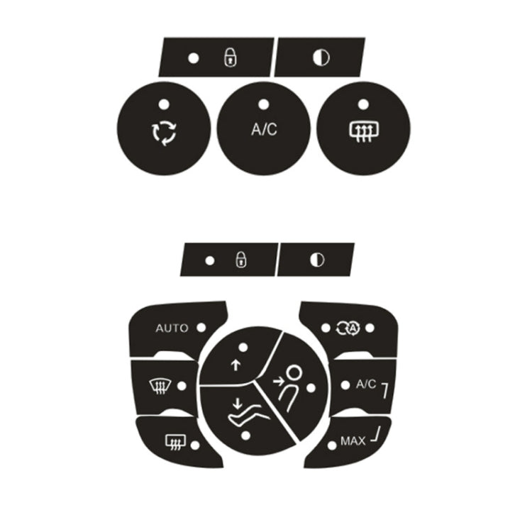 Black climate control sticker set with A/C, AUTO, defrost and fan intensity icons