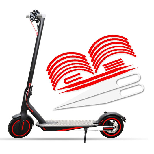 Reflective warning scooter stickers, red arc stripes on deck and side near wheel