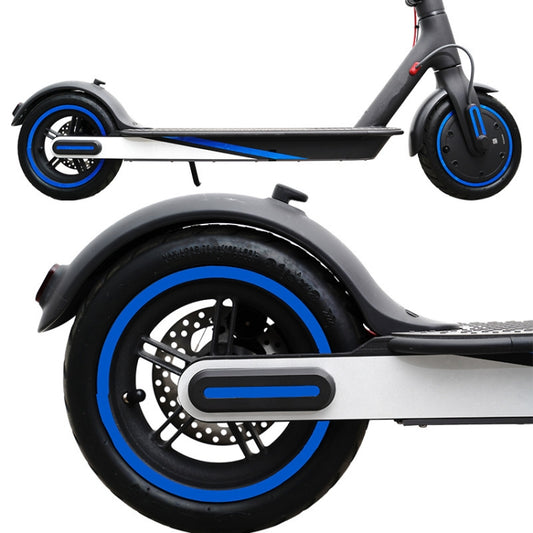 Reflective scooter warning sticker on wheel rim and deck edge, blue accent stripe