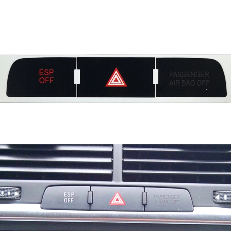 Car dashboard emergency button sticker, black strip with red triangle, ESP OFF, and Air Bag Off