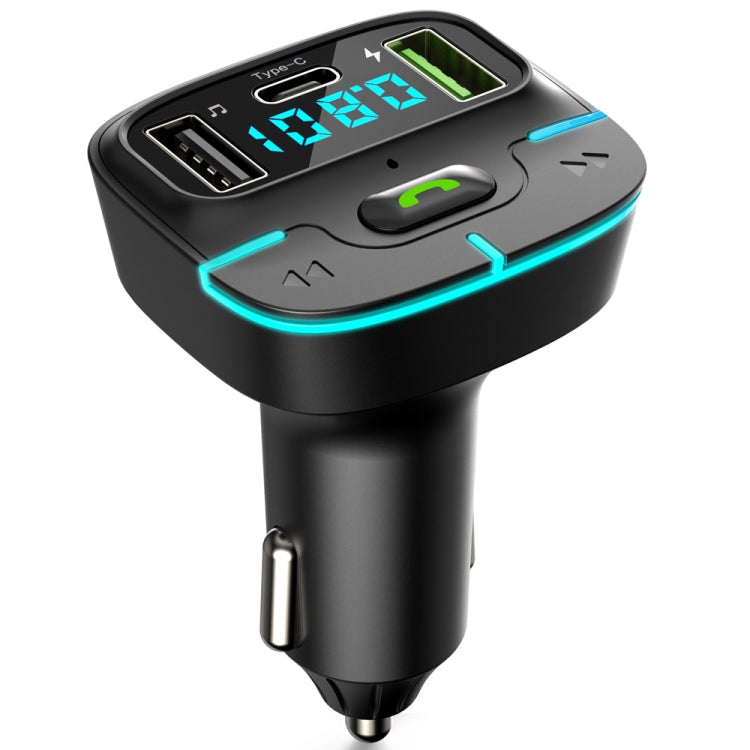 Car Bluetooth MP3 player charger with LED screen and Type-C port, black with blue accents